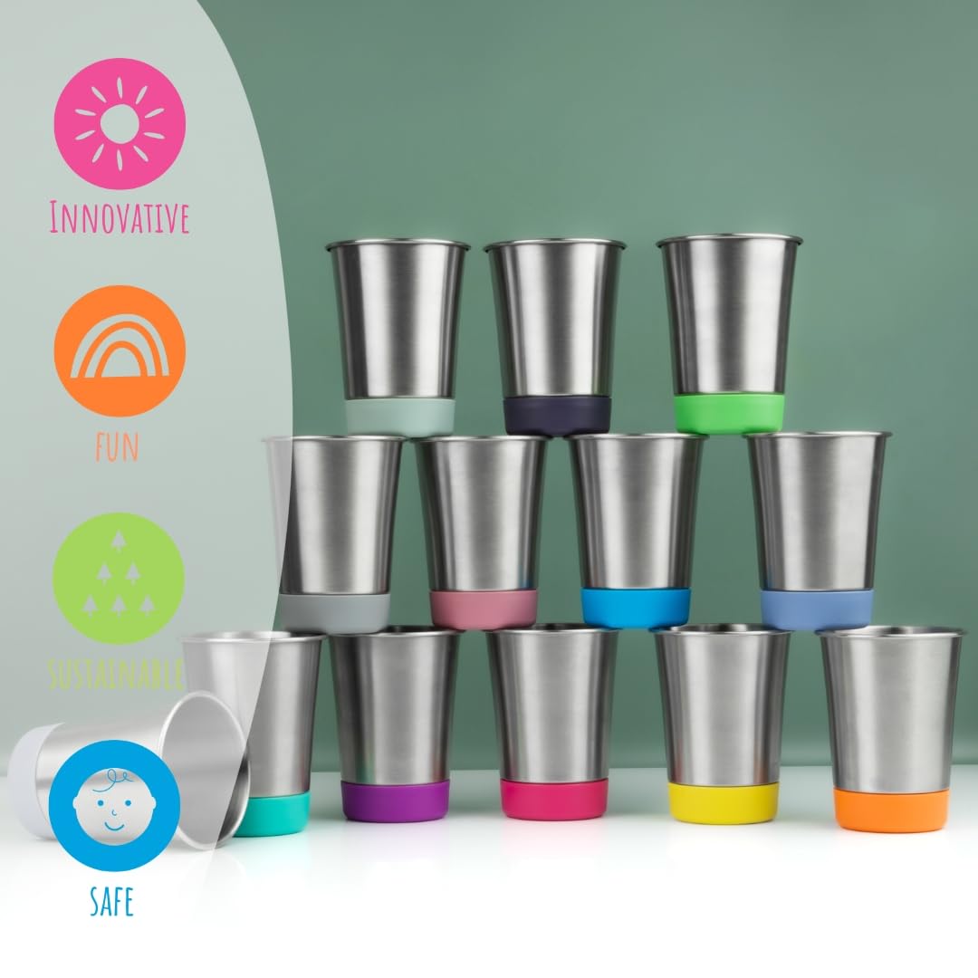 Elk and Friends Stainless Steel Kids + Toddler Drinking Cups | 12oz Tumblers with Colored Base | Durable + Stackable | Travel, Camping + Outdoors | Dishwasher Safe | 4 Pack