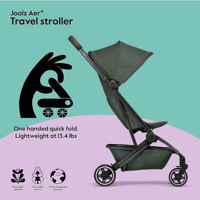 Joolz AER+ Lightweight & Compact Travel Stroller - Portable One-Hand Fold Design - Ergonomic Seat for Infant & Toddler (up to 50 lb) - XXL Sun Hood - Stroller for Airplane -Travel Pouch- Forest Green