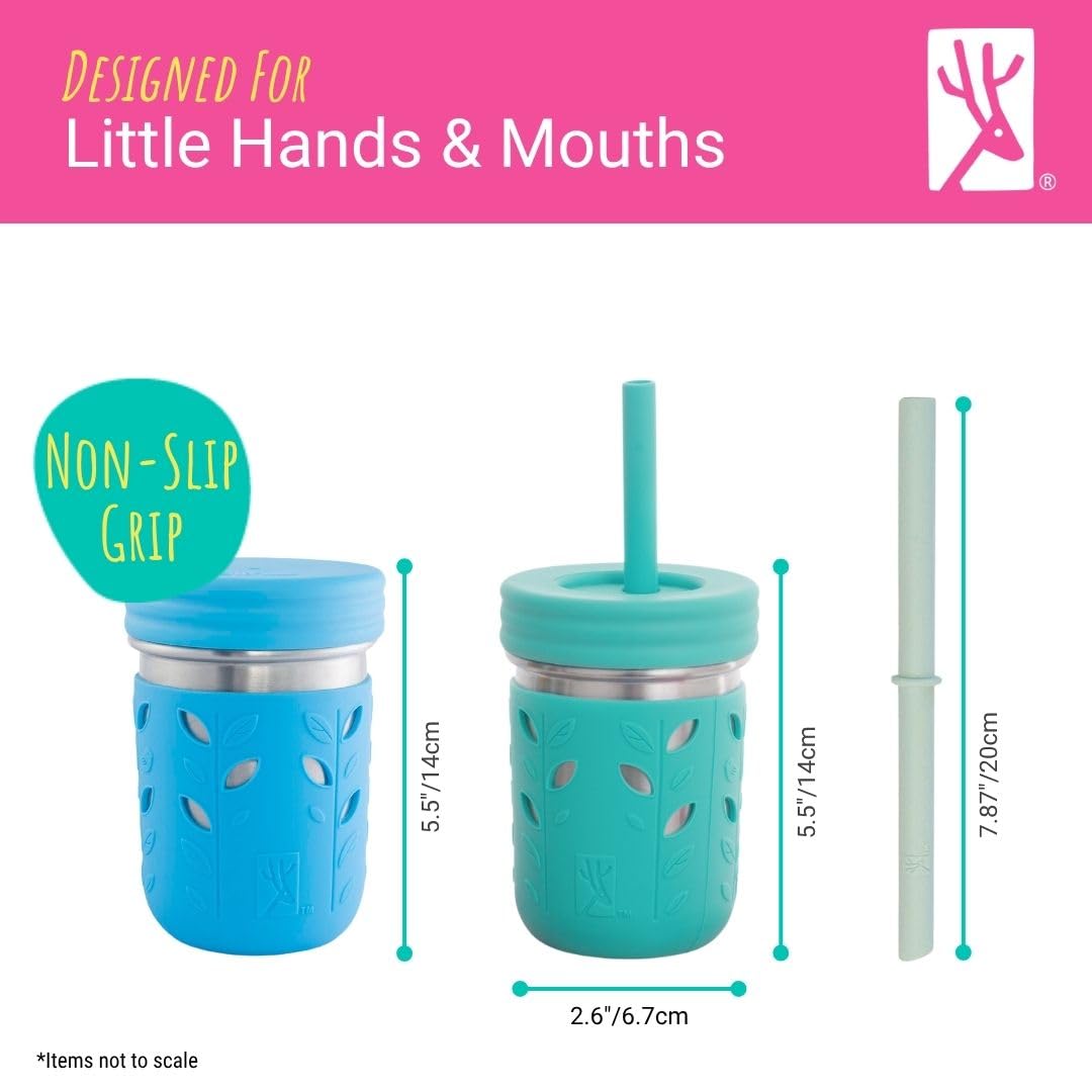 Elk and Friends 10oz Stainless Steel Kids + Toddler Drinking Cups | The Original Mason Jar with Sleeves + Lids | Silicone Straws | Smoothies | Storage Jar | Spill Resistant | Dishwasher Safe | 2 Pack