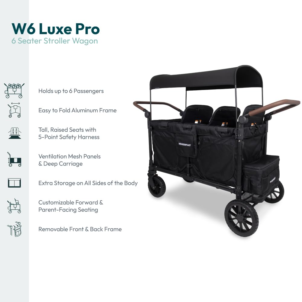 WONDERFOLD W6 Luxe Pro Stroller Wagon (6 Seater) - Collapsible Wagon Stroller with Seats Featuring 5-Point Safety Harnesses and Adjustable Sun Canopy, Jet Black