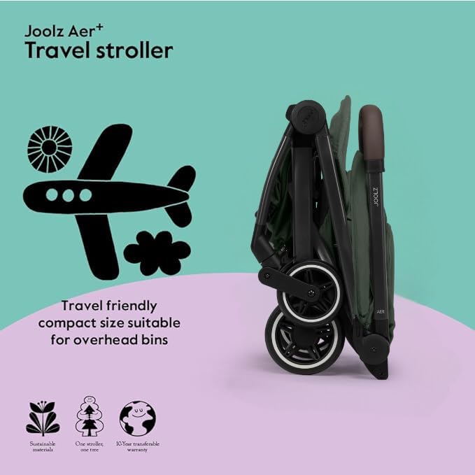 Joolz AER+ Lightweight & Compact Travel Stroller - Portable One-Hand Fold Design - Ergonomic Seat for Infant & Toddler (up to 50 lb) - XXL Sun Hood - Stroller for Airplane -Travel Pouch- Forest Green