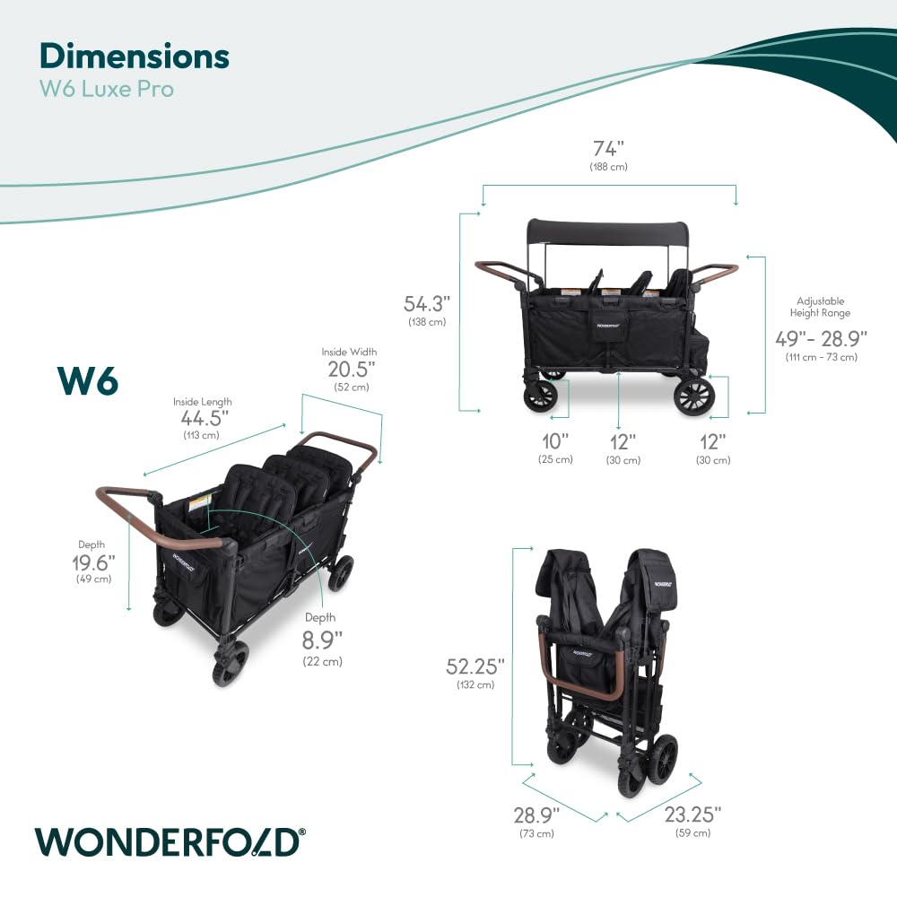 WONDERFOLD W6 Luxe Pro Stroller Wagon (6 Seater) - Collapsible Wagon Stroller with Seats Featuring 5-Point Safety Harnesses and Adjustable Sun Canopy, Jet Black