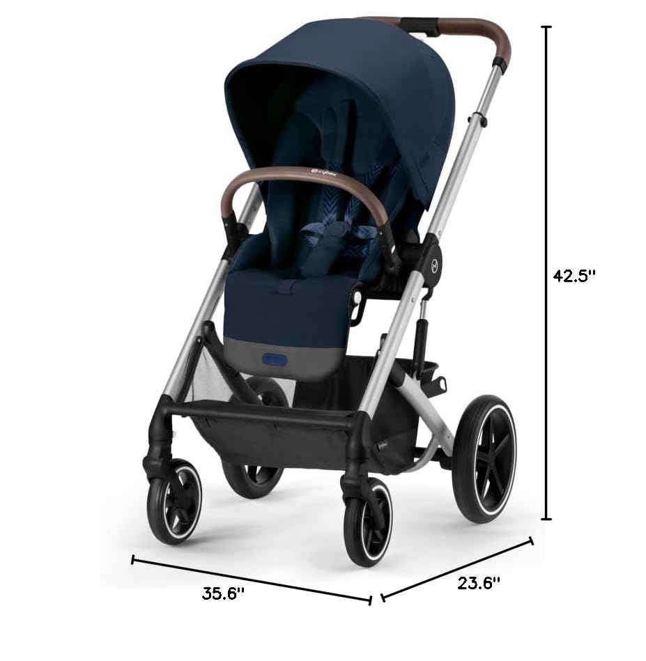 Cybex Balios S Lux Toddler and Baby Stroller with Reversible Seat, Unique One-Pull Harness, and Multiple Recline - Travel System Ready, with One Hand Fold, Silver Frame/Ocean Blue Seat