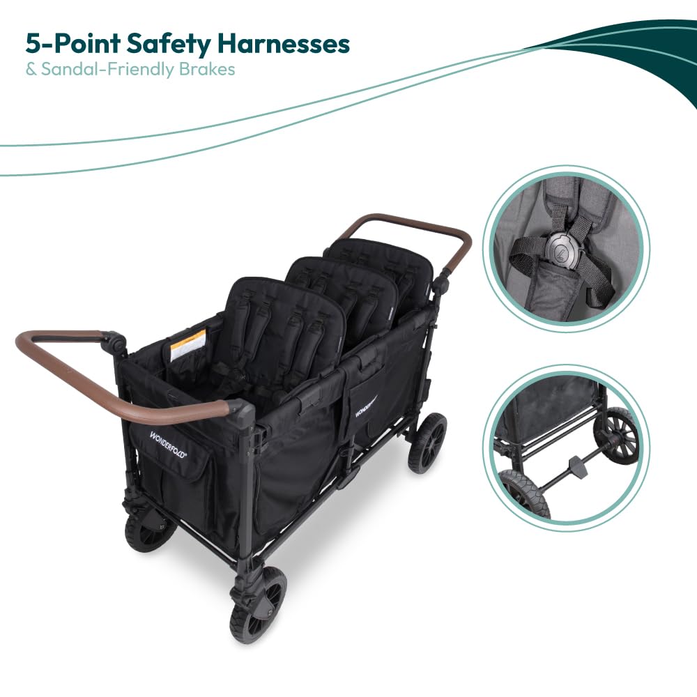 WONDERFOLD W6 Luxe Pro Stroller Wagon (6 Seater) - Collapsible Wagon Stroller with Seats Featuring 5-Point Safety Harnesses and Adjustable Sun Canopy, Jet Black