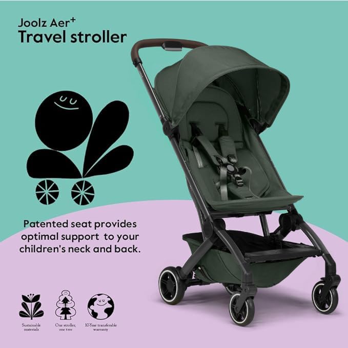 Joolz AER+ Lightweight & Compact Travel Stroller - Portable One-Hand Fold Design - Ergonomic Seat for Infant & Toddler (up to 50 lb) - XXL Sun Hood - Stroller for Airplane -Travel Pouch- Forest Green