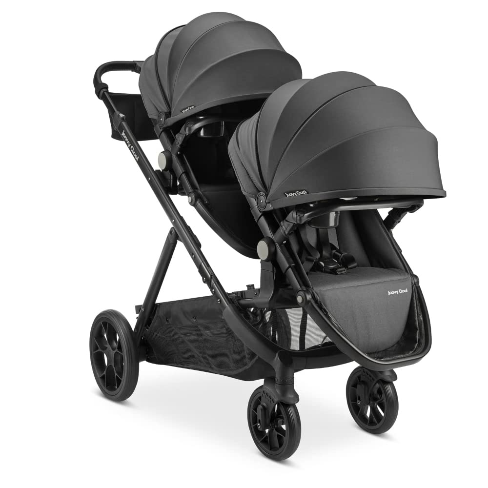 Joovy Qool Double Bundle Double Stroller with Reconfigurable Seats, Magnetic Safety Harness with Padding, UPF 50 Sun Canopy, and Large Storage Basket, Jet
