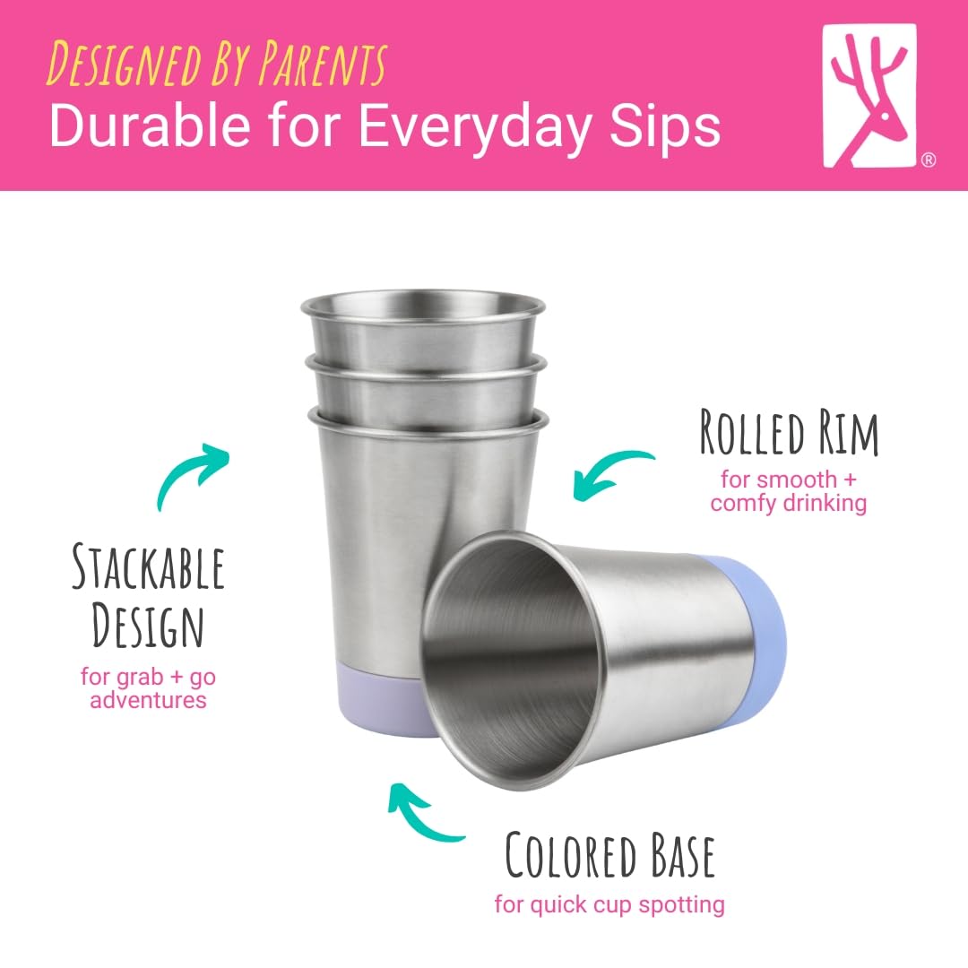 Elk and Friends Stainless Steel Kids + Toddler Drinking Cups | 12oz Tumblers with Colored Base | Durable + Stackable | Travel, Camping + Outdoors | Dishwasher Safe | 4 Pack