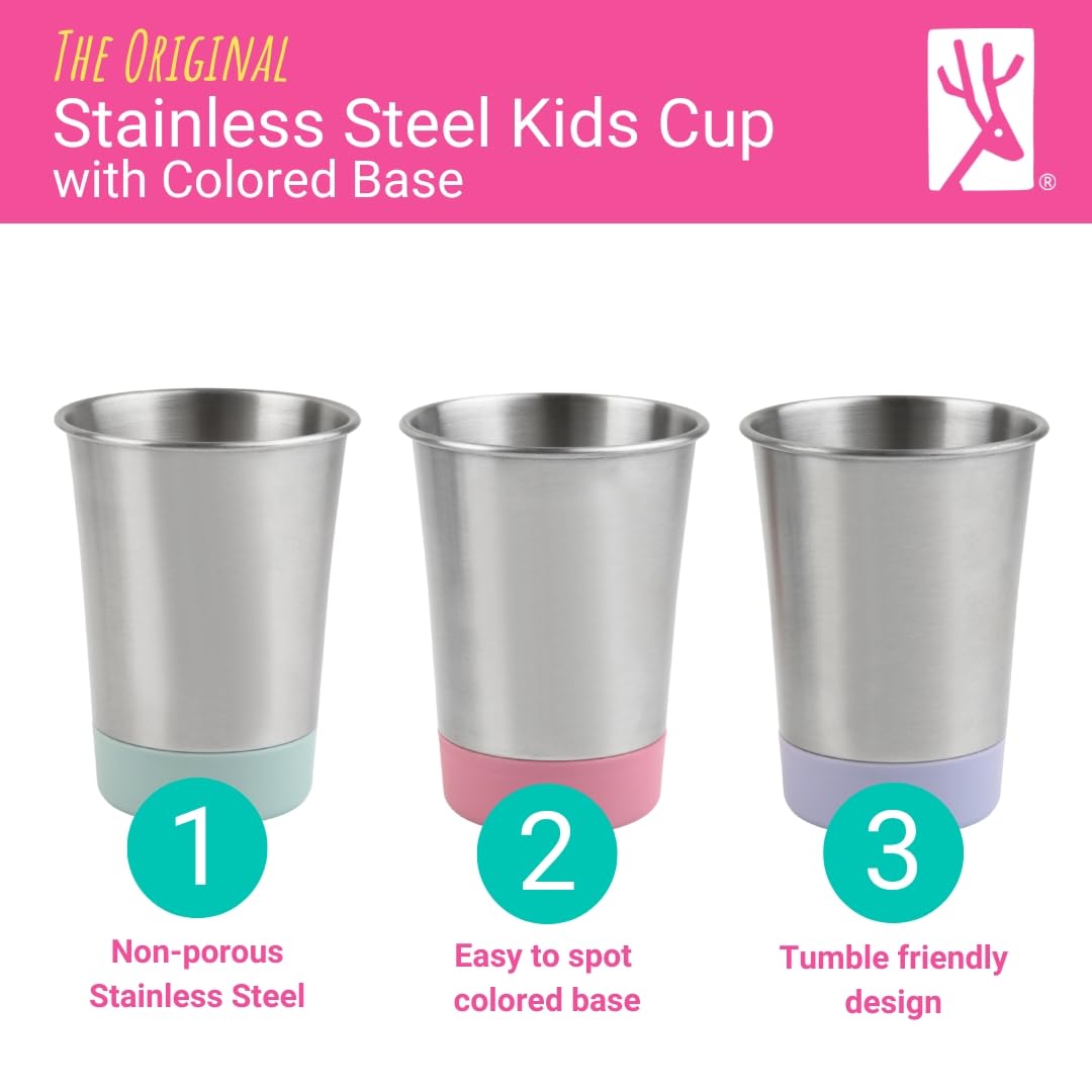 Elk and Friends Stainless Steel Kids + Toddler Drinking Cups | 12oz Tumblers with Colored Base | Durable + Stackable | Travel, Camping + Outdoors | Dishwasher Safe | 4 Pack