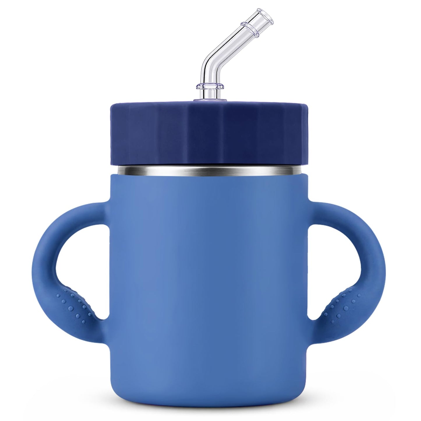 Mamalovey 12oz Insulated Kids Water Bottle, Stainless Steel Sippy Cup with Straw & Handles, Spill-Resistant Kid Cup, Silicone Sleeve for Anti-Drop Protection, Great for Travel - Navy Blue
