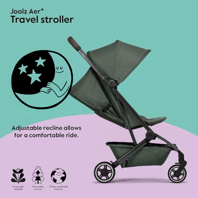 Joolz AER+ Lightweight & Compact Travel Stroller - Portable One-Hand Fold Design - Ergonomic Seat for Infant & Toddler (up to 50 lb) - XXL Sun Hood - Stroller for Airplane -Travel Pouch- Forest Green
