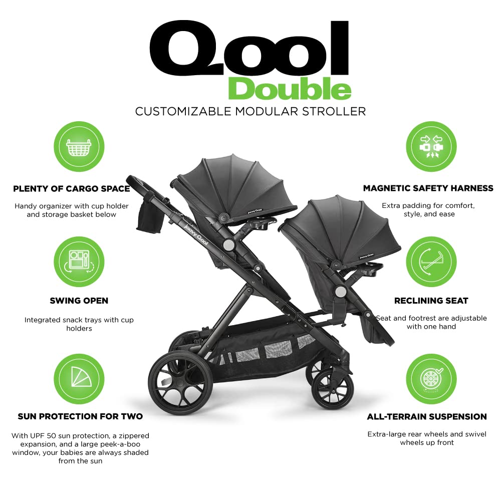 Joovy Qool Double Bundle Double Stroller with Reconfigurable Seats, Magnetic Safety Harness with Padding, UPF 50 Sun Canopy, and Large Storage Basket, Jet