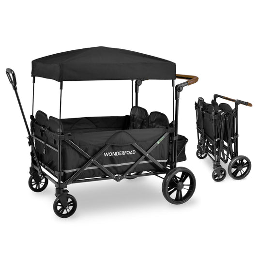 WONDERFOLD X4 Push & Pull Stroller Wagon (4 Seater) - Wagon Stroller with Seats with 5-Point Harnesses, Adjustable Push Handle, and Sun Canopy, Stealth Black