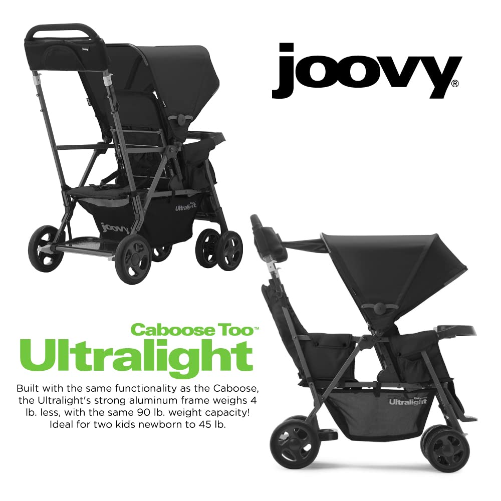 Joovy Caboose Too Ultralight Graphite Stand-On Double Stroller with Universal Car Seat Adapter, 3-Way Reclining Seats, Option to Use Rear Seat, Bench Seat, or Standing Platform