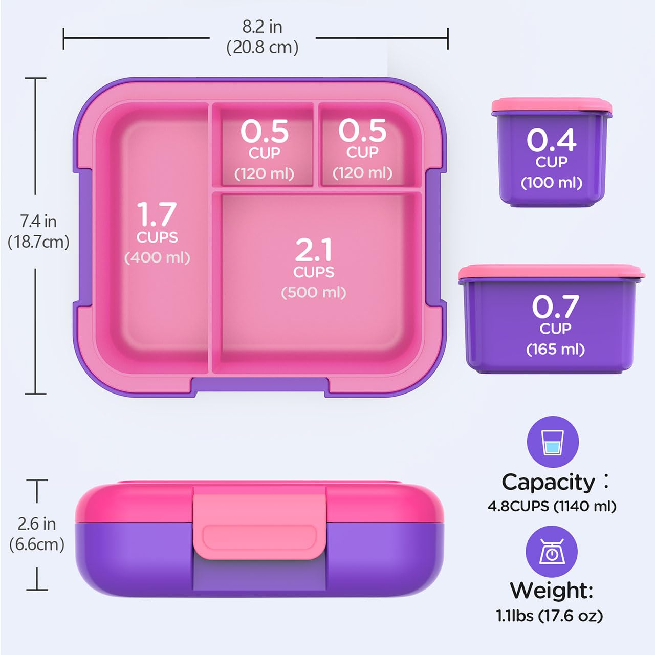 Caperci Bento Lunch Box for Kids - Large 4.8 Cups Lunch Container with 2 Modular Containers - 4 Compartments, Leak-Proof, Portable Handle, Microwave/Dishwasher Safe (Fuchsia/Purple)