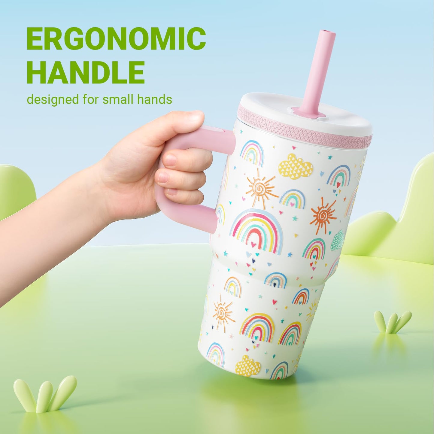 Luxgola Kids 20 oz Tumbler with Handle, Leak-Proof Screw-On Lid with Removable Silicone Straw, Spill Proof, Reusable Stainless Steel Insulated Water Bottle, Gifts for Boys and Girls, Ice Blue Mix