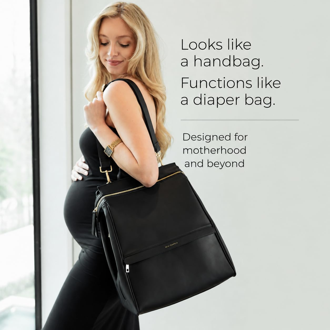 MIA + SOPHIA Leather Diaper Bag Backpack with USB Charging port, Changing Pad, Stroller Straps, and Bottle Holder (Black Sophia)