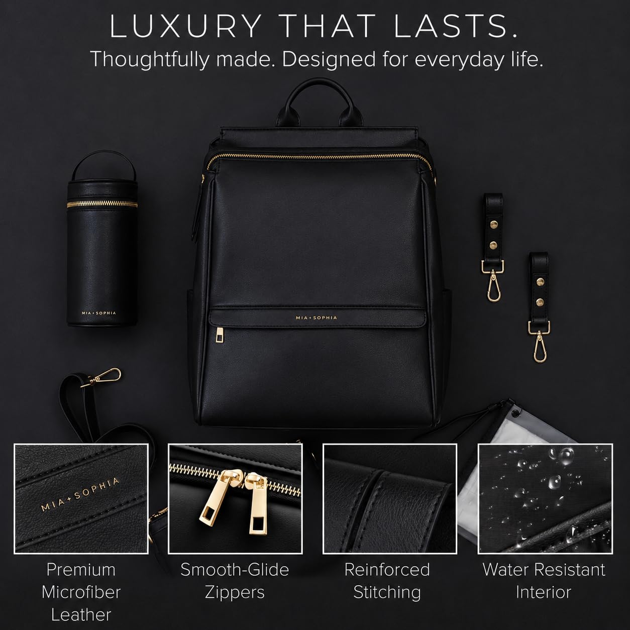 MIA + SOPHIA Leather Diaper Bag Backpack with USB Charging port, Changing Pad, Stroller Straps, and Bottle Holder (Black Sophia)