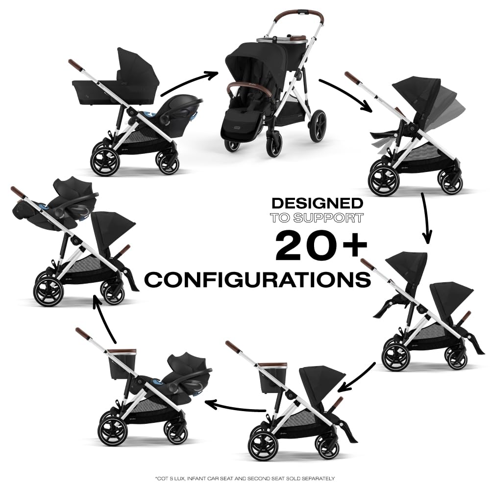 Cybex Gazelle S All-in-One Toddler and Baby Stroller with Over 20 Modular Configurations, Ergonomic Near-Flat Recline, Shopper Basket, and Compact Fold, Moon Black, Silver Frame
