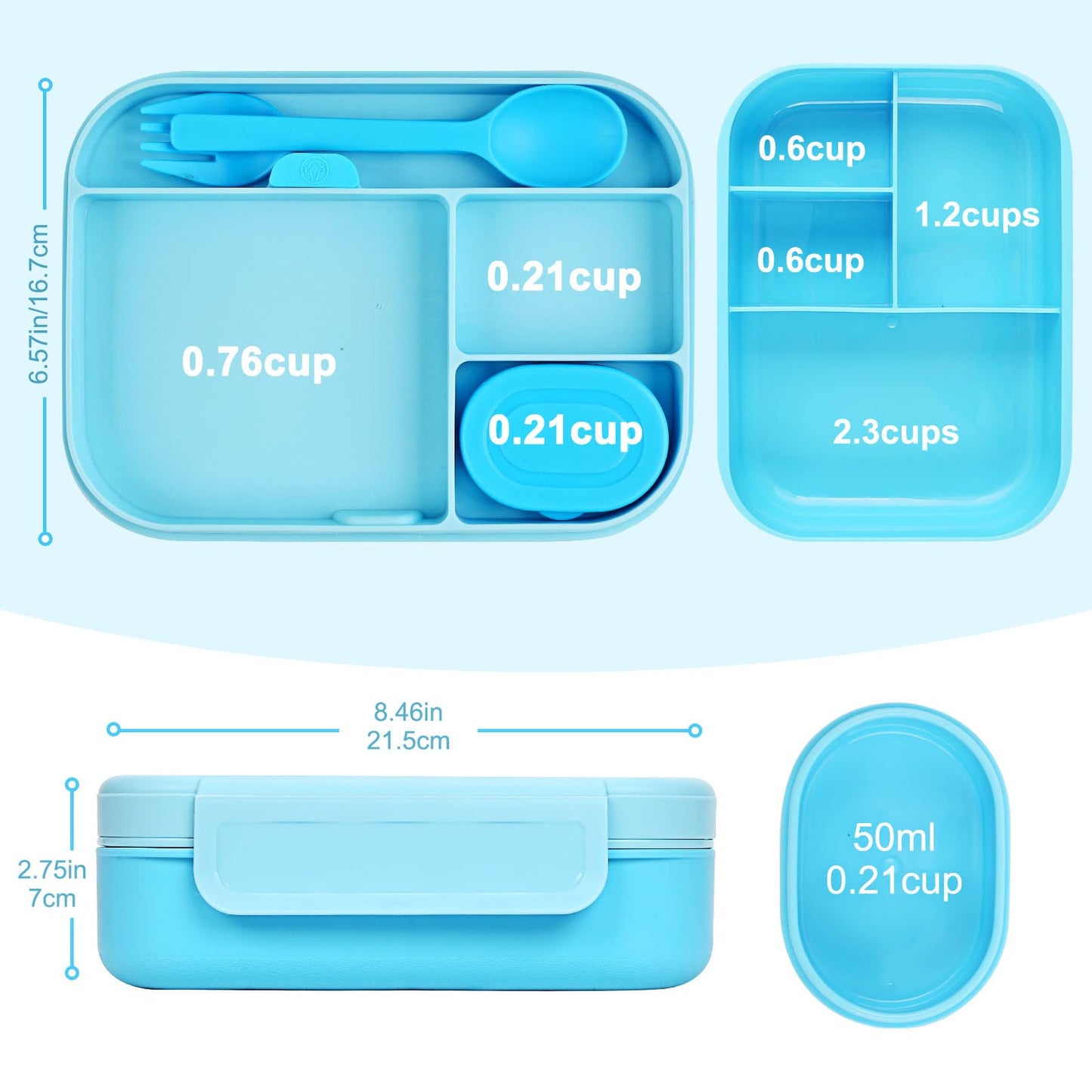 Caperci Bento Box for Kids - Stackable Leakproof Multiple Compartments 5.8 Cups Bento Lunch Box for Adults with Sauce Container - Idea for School, On-the-go, Built-in Utensil Set, BPA Free (Blue)