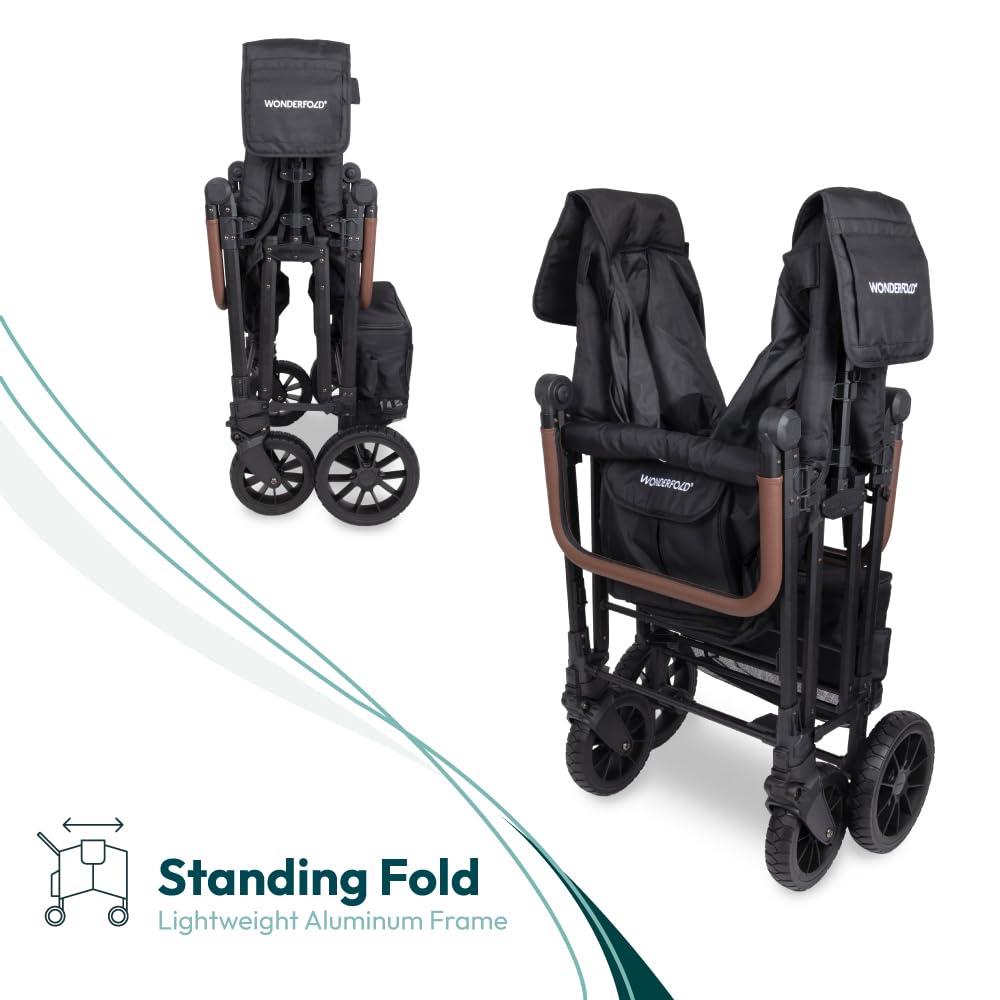 WONDERFOLD W6 Luxe Pro Stroller Wagon (6 Seater) - Collapsible Wagon Stroller with Seats Featuring 5-Point Safety Harnesses and Adjustable Sun Canopy, Jet Black