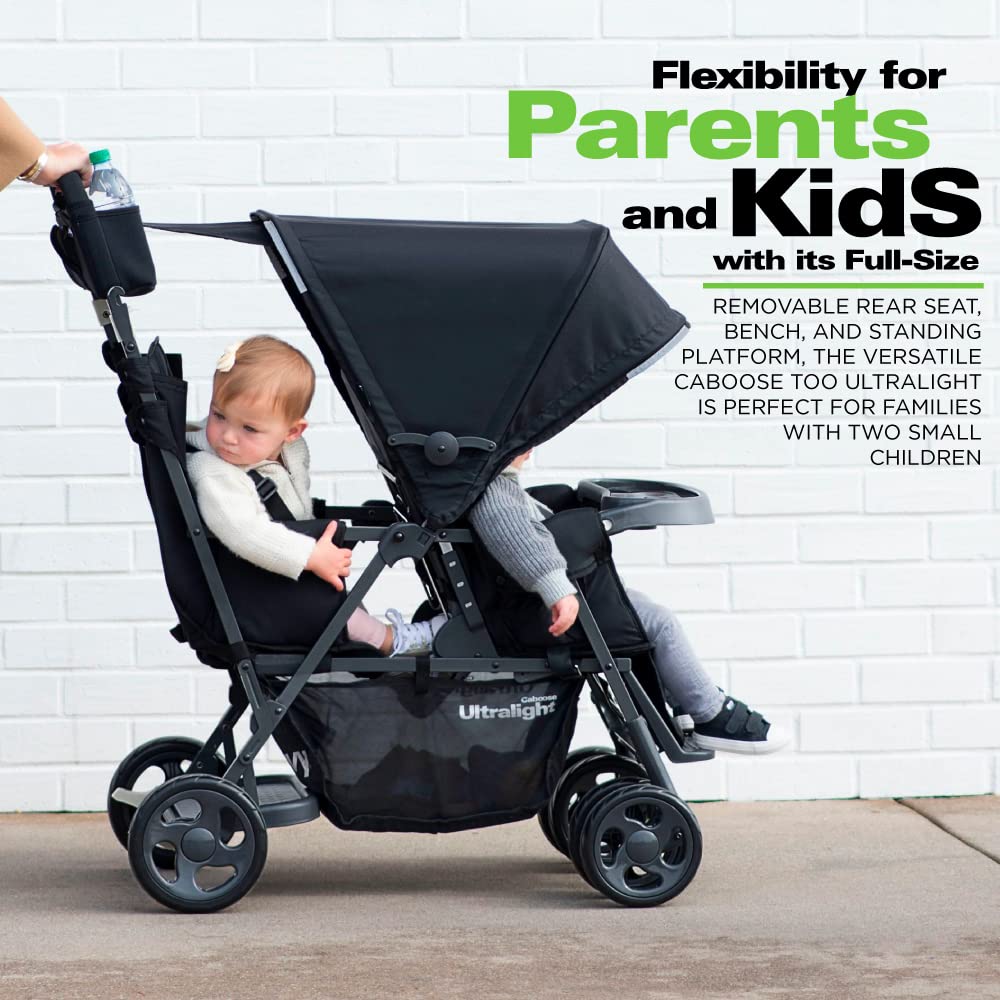 Joovy Caboose Too Ultralight Graphite Stand-On Double Stroller with Universal Car Seat Adapter, 3-Way Reclining Seats, Option to Use Rear Seat, Bench Seat, or Standing Platform
