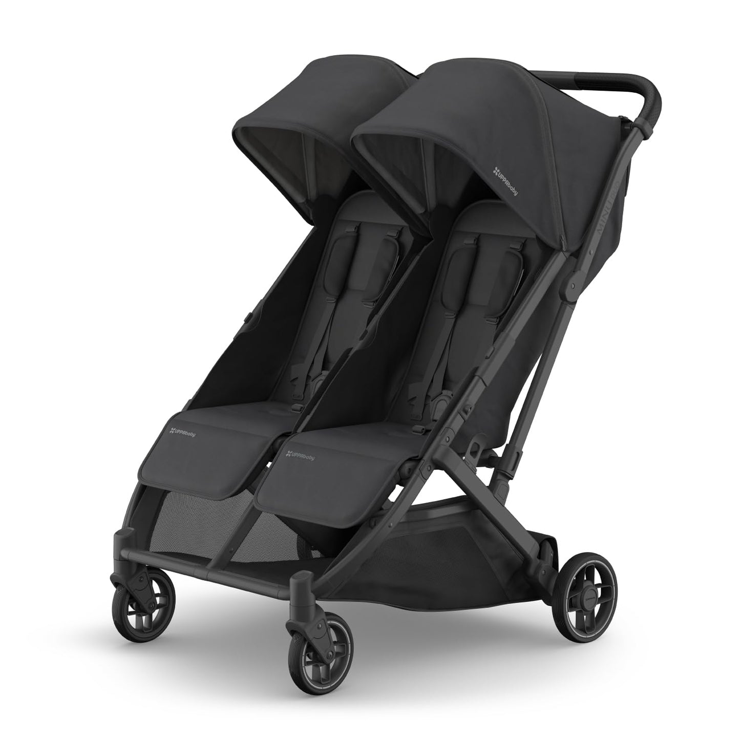 UPPAbaby Minu Duo Side-by-Side Double Stroller - Lightweight + Compact Design for Travel - Easy Fold- from Birth to Toddler - Independent Recline - Jake (Charcoal/Carbon Frame/Black Leather)