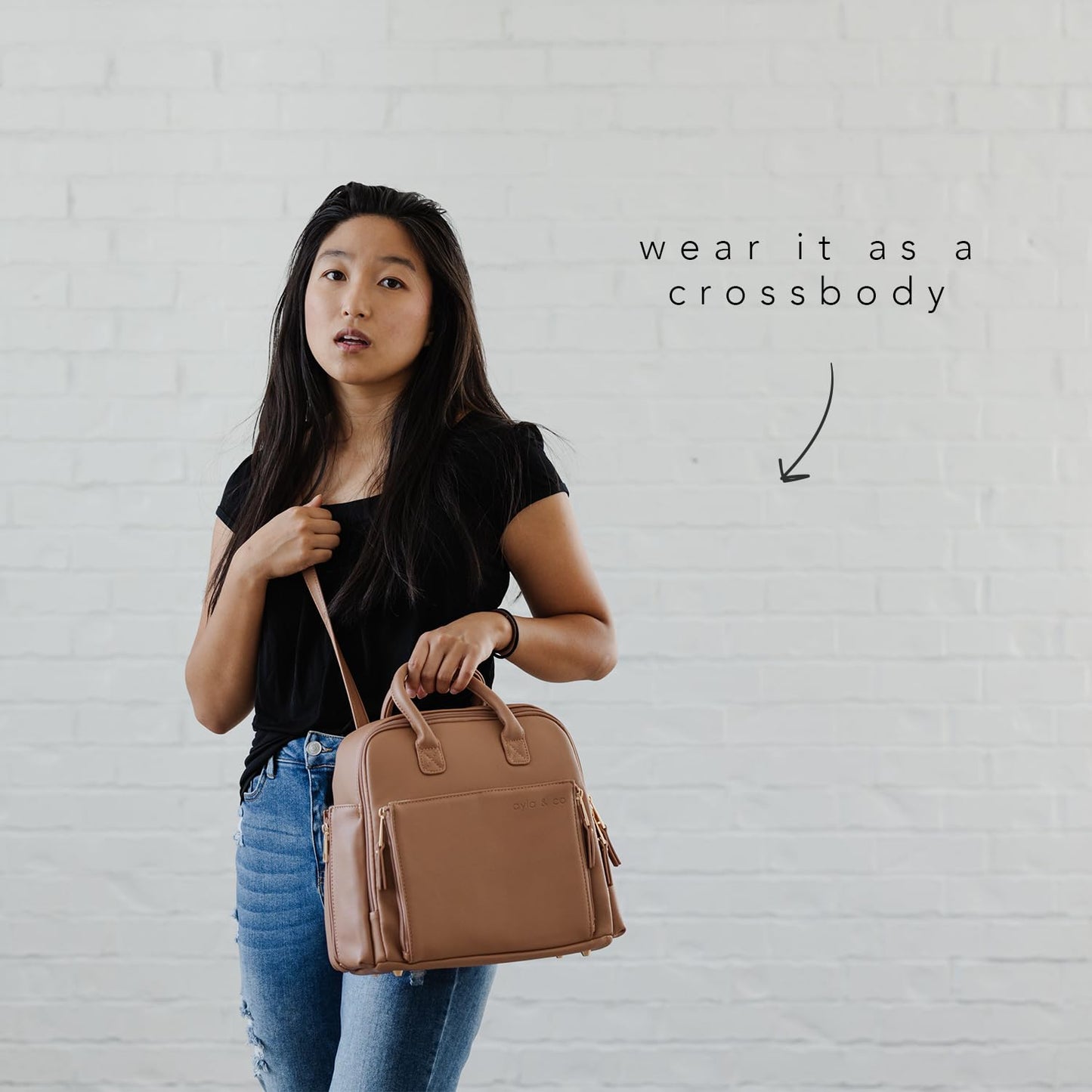 Ayla & Co Mini Bag, Transitional Minimal Diaper Bag, Vegan Leather, with Expandable Pockets, Built-In Wallet, Organizer, Magnetic Front Pocket, Adjustable Straps, Caffe