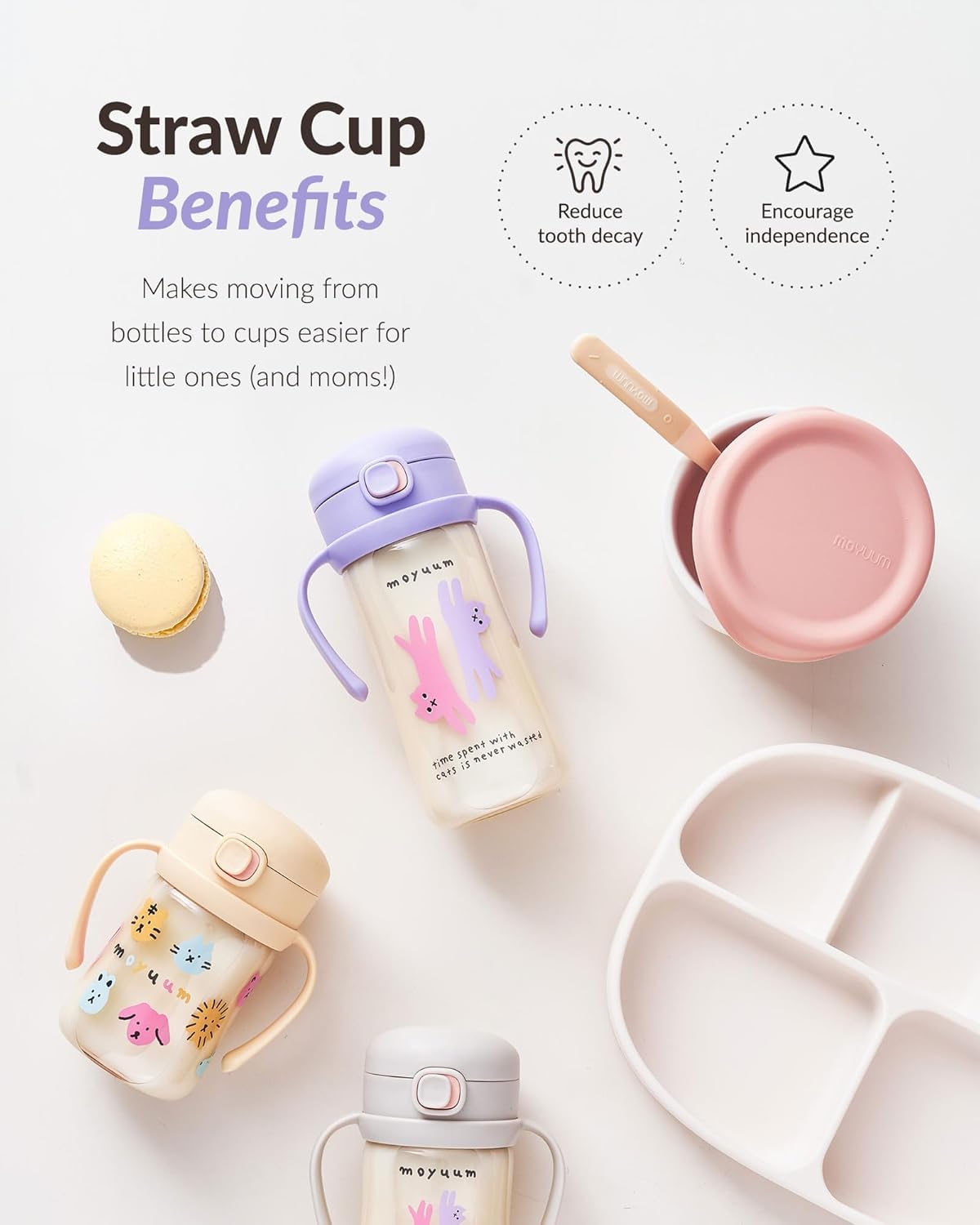 MOYUUM Leak Proof Sippy Cup with Handle | Made in Korea, 100% BPA Free PPSU, Magic No Spill Straw Cup with Attached Flip Top Lid, Easy to Hold for Babies and Toddlers, 9oz Yellow