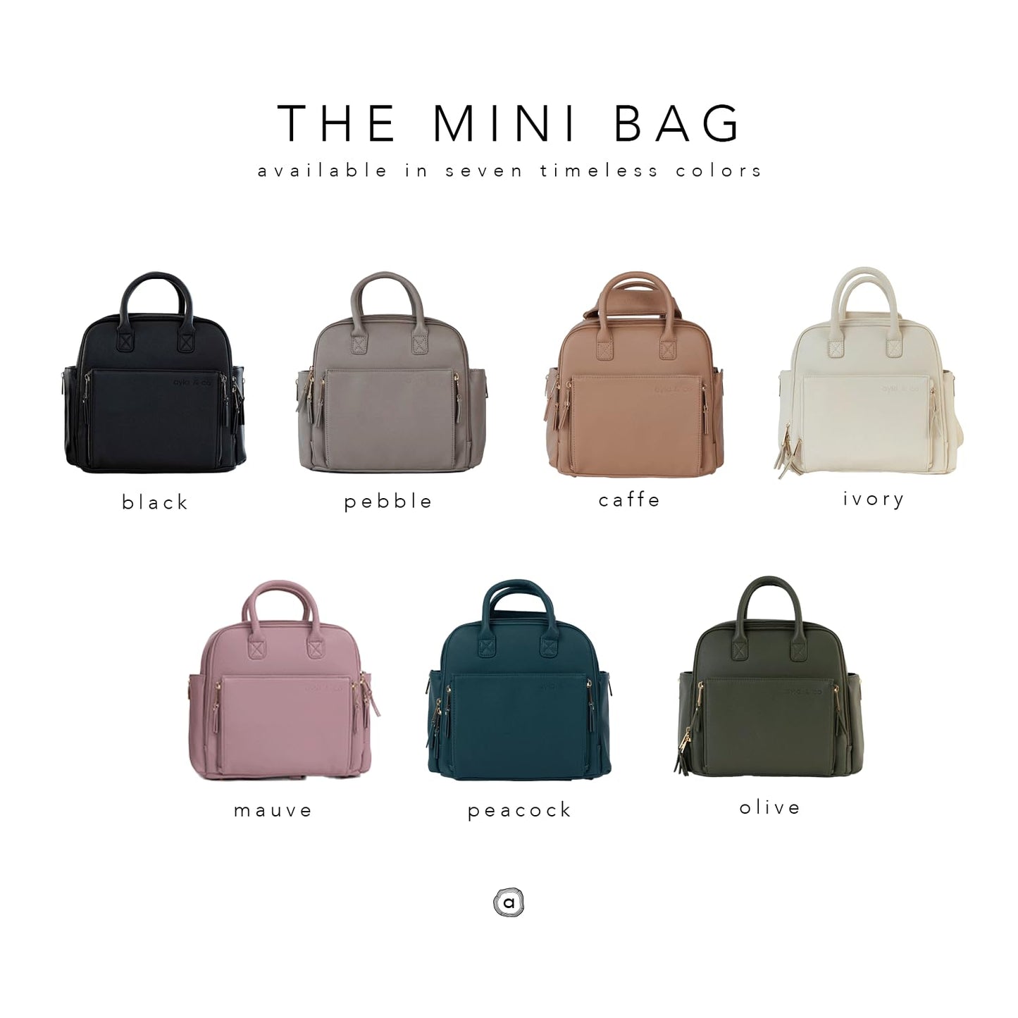 Ayla & Co Mini Bag, Transitional Minimal Diaper Bag, Vegan Leather, with Expandable Pockets, Built-In Wallet, Organizer, Magnetic Front Pocket, Adjustable Straps, Caffe