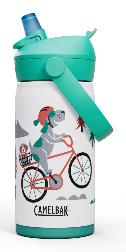 CamelBak Thrive Flip Straw Kids Bite Valve Stainless Steel Water Bottle Biking Dogs, 12oz