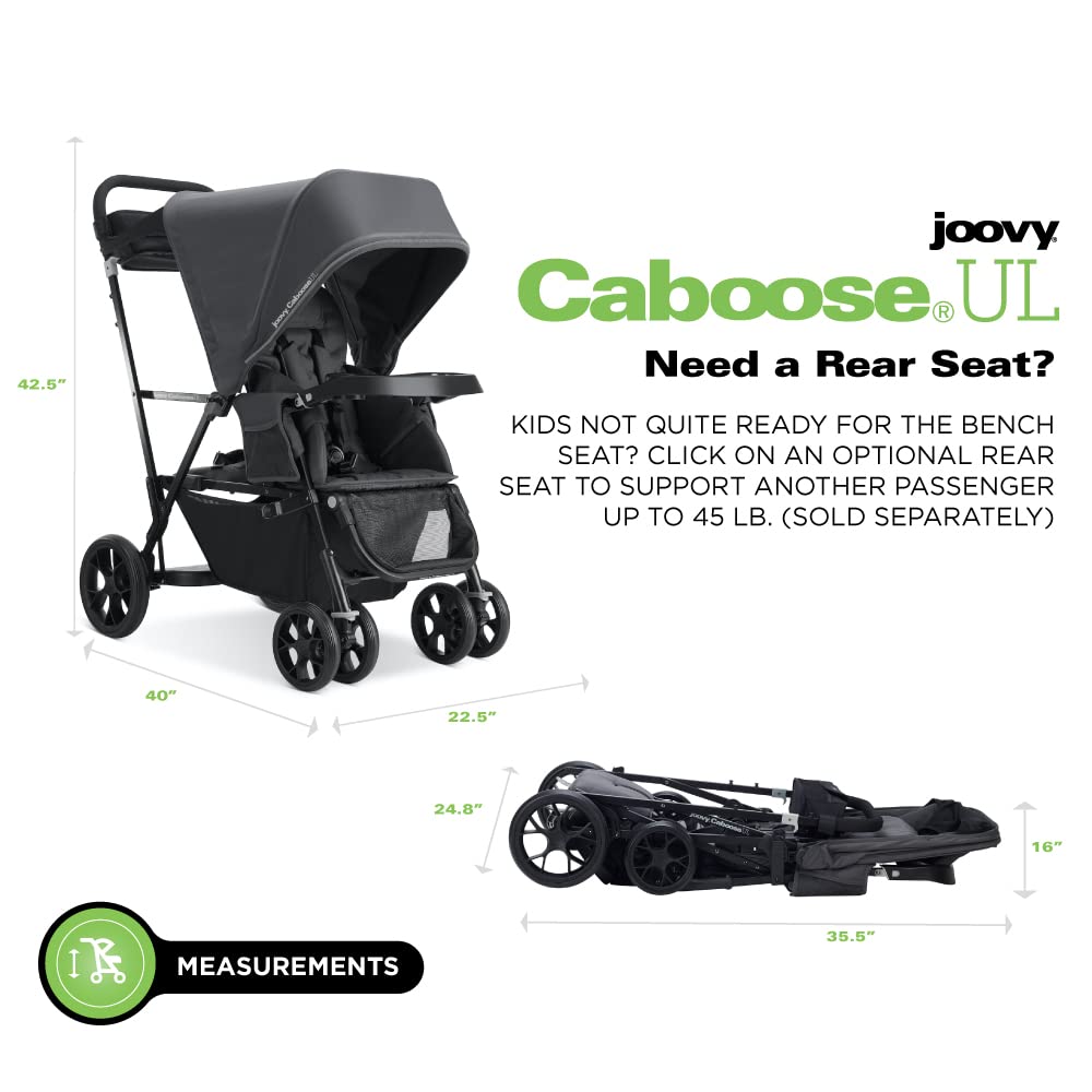 Joovy Caboose UL Sit and Stand Double Stroller with Bench Seat and Standing Platform, Plentiful Storage, Auto-Lock Quick-Fold, and Extended Sun Canopy, Jet