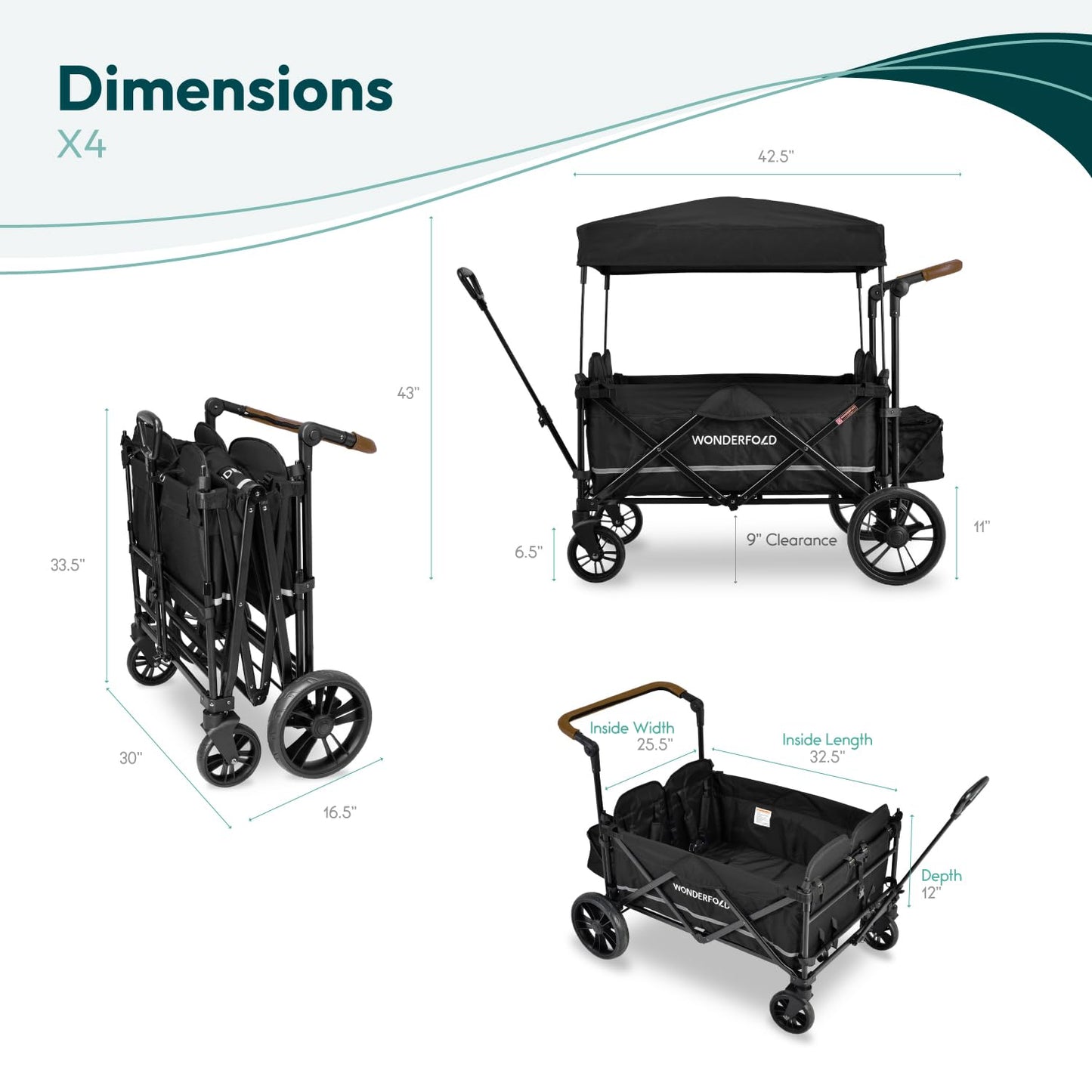 WONDERFOLD X4 Push & Pull Stroller Wagon (4 Seater) - Wagon Stroller with Seats with 5-Point Harnesses, Adjustable Push Handle, and Sun Canopy, Stealth Black
