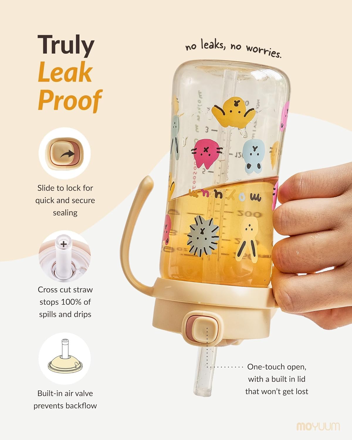 MOYUUM Leak Proof Sippy Cup with Handle | Made in Korea, 100% BPA Free PPSU, Magic No Spill Straw Cup with Attached Flip Top Lid, Easy to Hold for Babies and Toddlers, 9oz Yellow