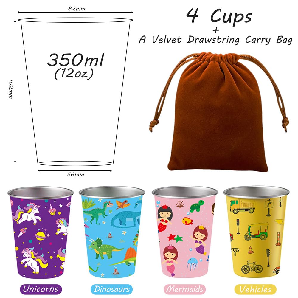 LOZACHE Stainless Steel Kids Cups, 4 Pack 12oz Metal Drinking Pint Cup with Fun Prints (Unicorn, Mermaid, Dinosaur, Vehicles), Stackable Drinking Glasses, BPA Free, Reusable for Home Party Camping