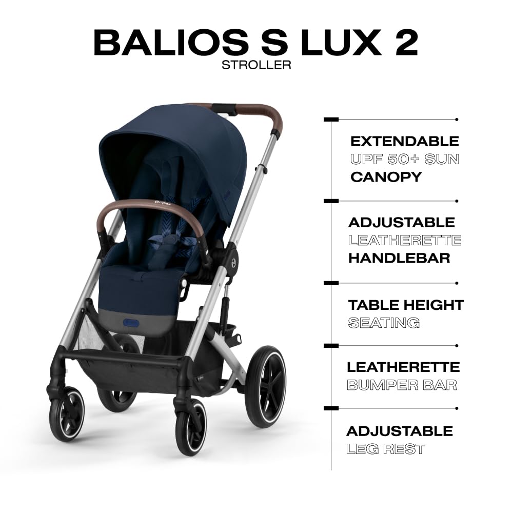 Cybex Balios S Lux Toddler and Baby Stroller with Reversible Seat, Unique One-Pull Harness, and Multiple Recline - Travel System Ready, with One Hand Fold, Silver Frame/Ocean Blue Seat