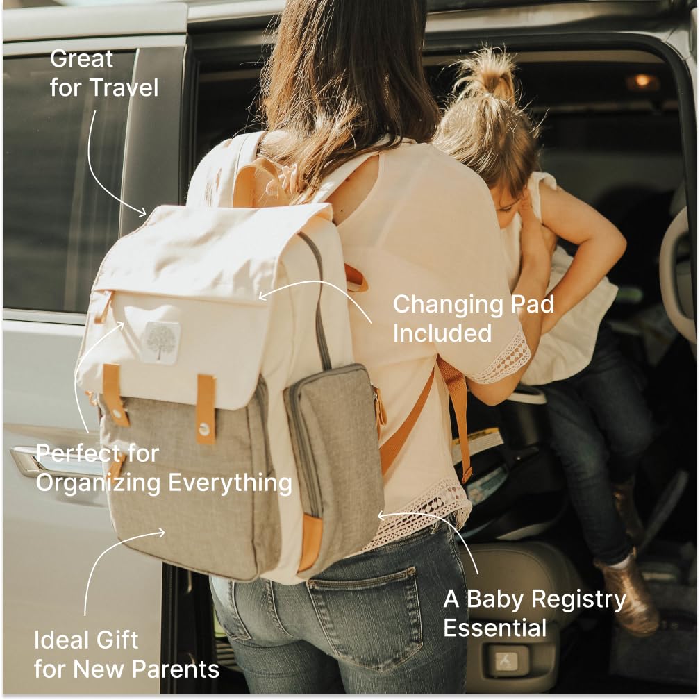 Parker Baby Diaper Backpack - Large Diaper Bag with Insulated Pockets, Stroller Straps and Changing Pad -"Birch Bag" - Cream