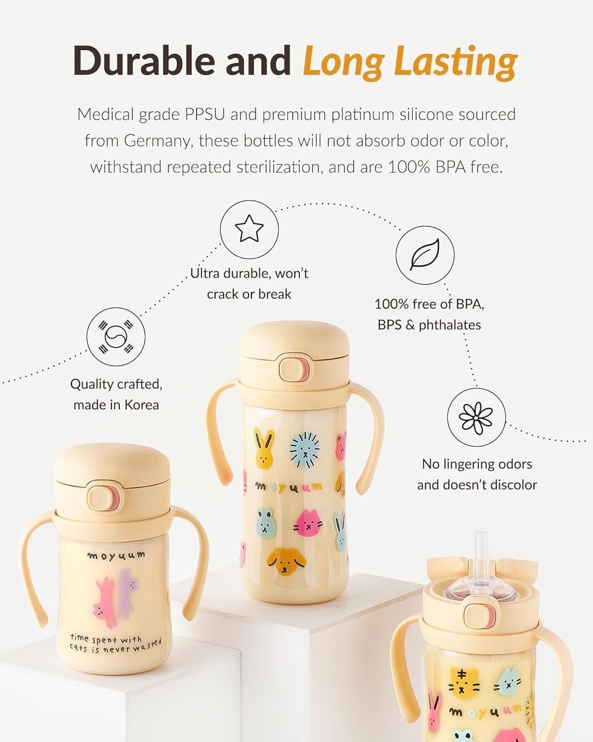 MOYUUM Leak Proof Sippy Cup with Handle | Made in Korea, 100% BPA Free PPSU, Magic No Spill Straw Cup with Attached Flip Top Lid, Easy to Hold for Babies and Toddlers, 9oz Yellow