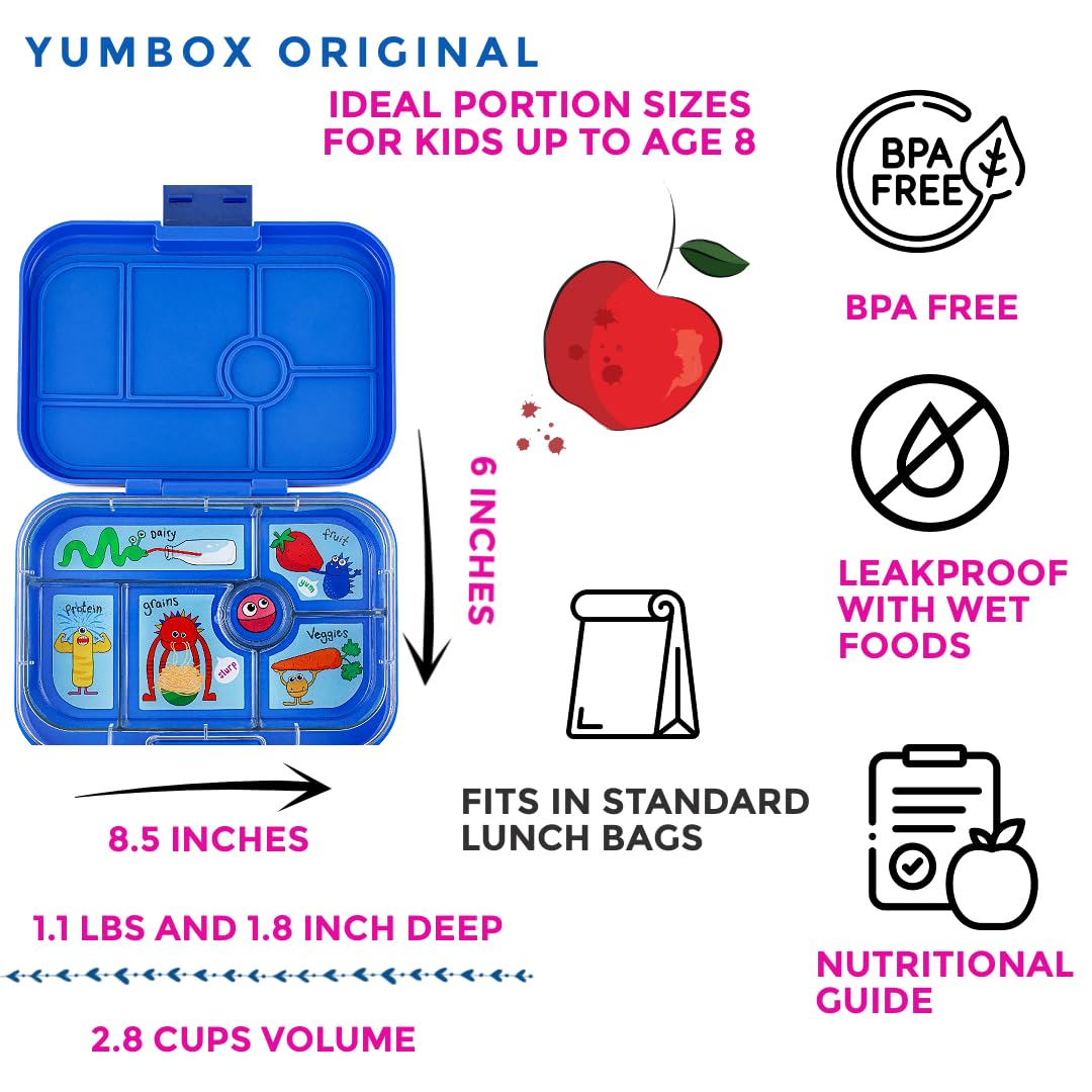 Yumbox Original Leakproof Bento Lunch box for Kids, 5 Compartments + Dip Well, Easy-Open Latch, Just Right Portions, Removable Illustrated Tray (Surf Blue Funny Monsters), Ages 3-7