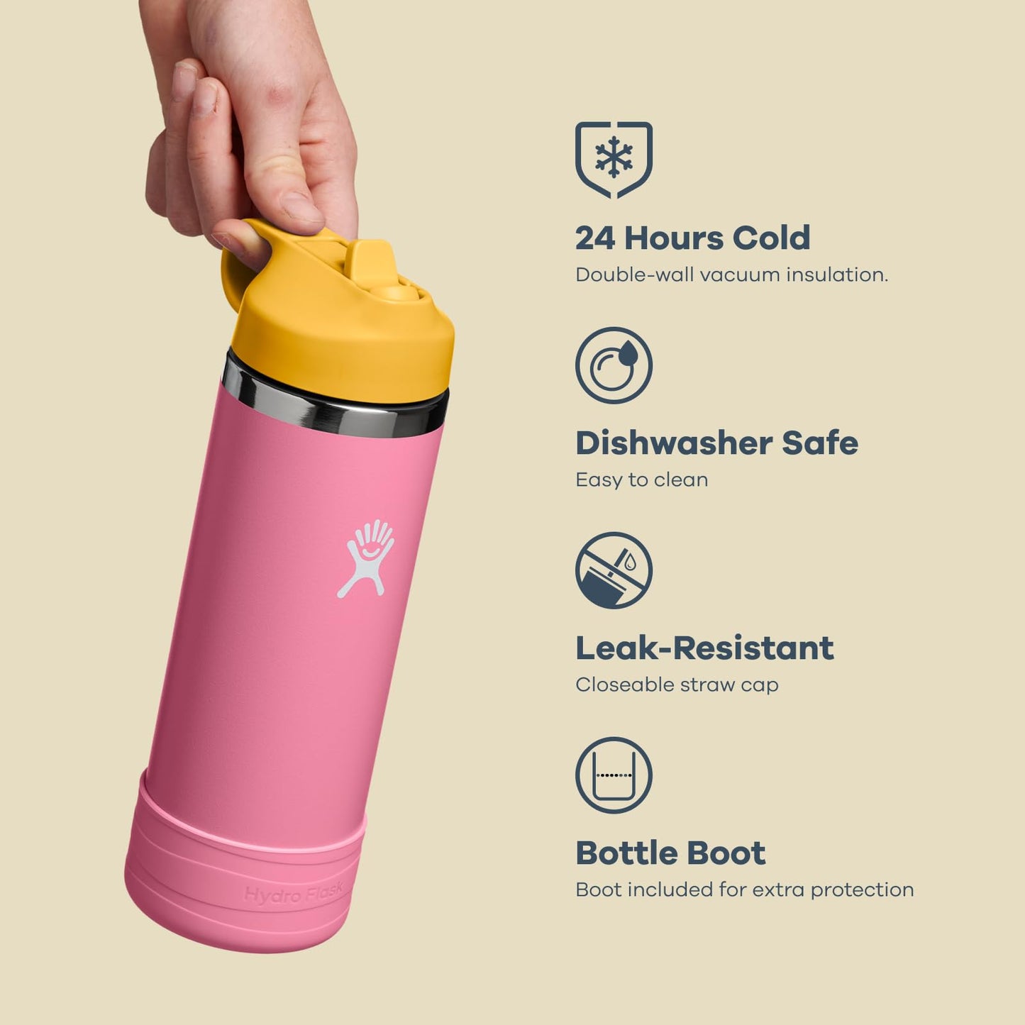 Hydro Flask Kids Water Bottle for School - Stainless Steel and Insulated with Straw Cap - 18 Oz in Dahlia