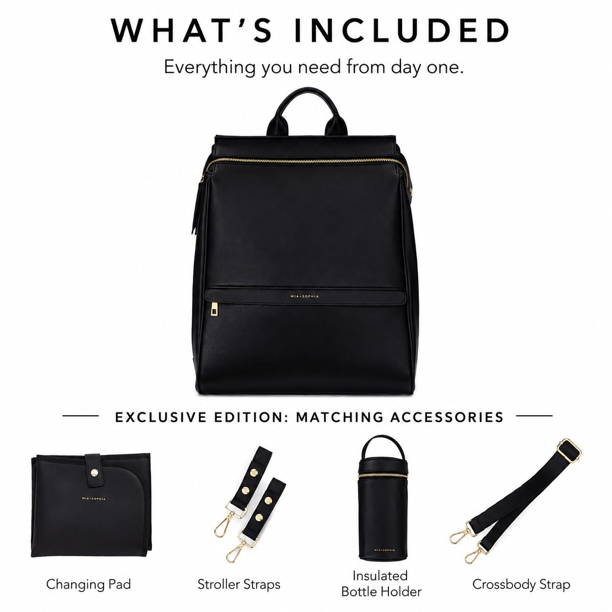 MIA + SOPHIA Leather Diaper Bag Backpack with USB Charging port, Changing Pad, Stroller Straps, and Bottle Holder (Black Sophia)