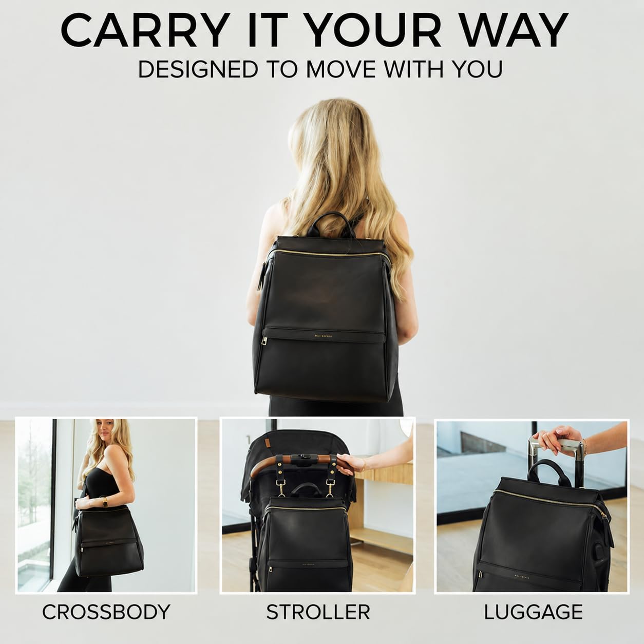 MIA + SOPHIA Leather Diaper Bag Backpack with USB Charging port, Changing Pad, Stroller Straps, and Bottle Holder (Black Sophia)