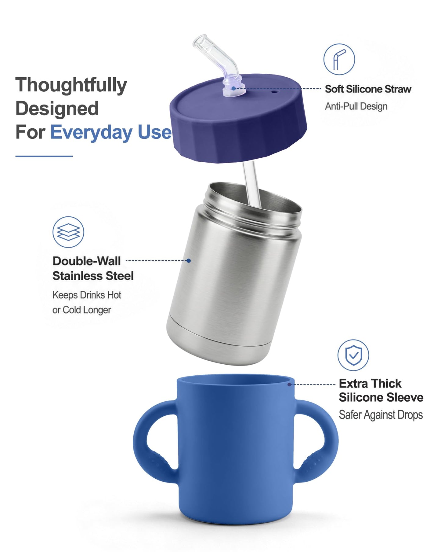 Mamalovey 12oz Insulated Kids Water Bottle, Stainless Steel Sippy Cup with Straw & Handles, Spill-Resistant Kid Cup, Silicone Sleeve for Anti-Drop Protection, Great for Travel - Navy Blue