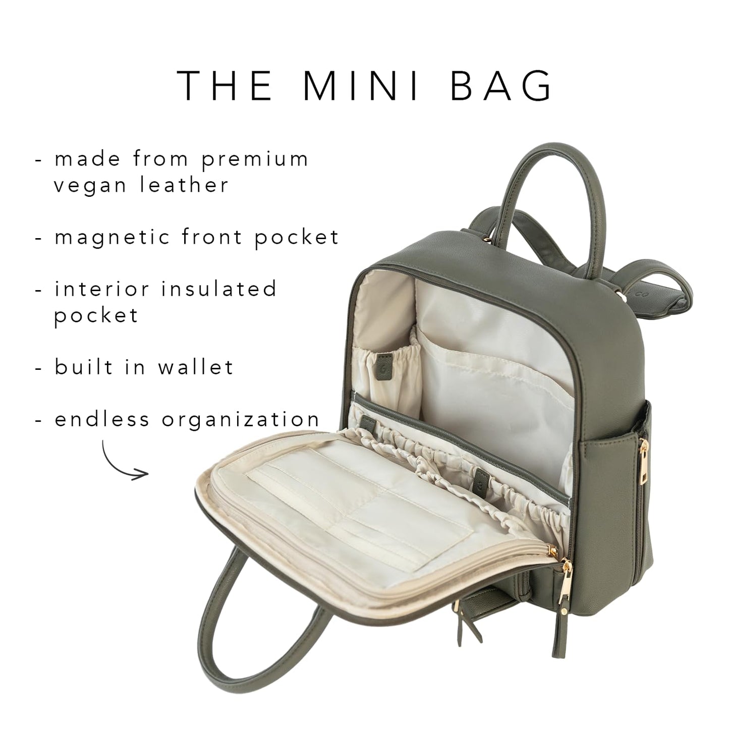 Ayla & Co Mini Bag, Transitional Minimal Diaper Bag, Vegan Leather, with Expandable Pockets, Built-In Wallet, Organizer, Magnetic Front Pocket, Adjustable Straps, Caffe