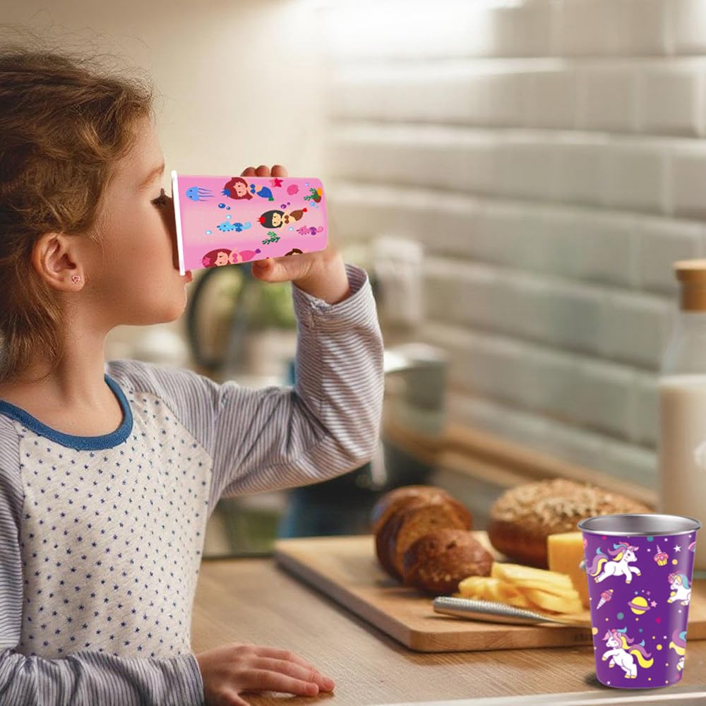 LOZACHE Stainless Steel Kids Cups, 4 Pack 12oz Metal Drinking Pint Cup with Fun Prints (Unicorn, Mermaid, Dinosaur, Vehicles), Stackable Drinking Glasses, BPA Free, Reusable for Home Party Camping