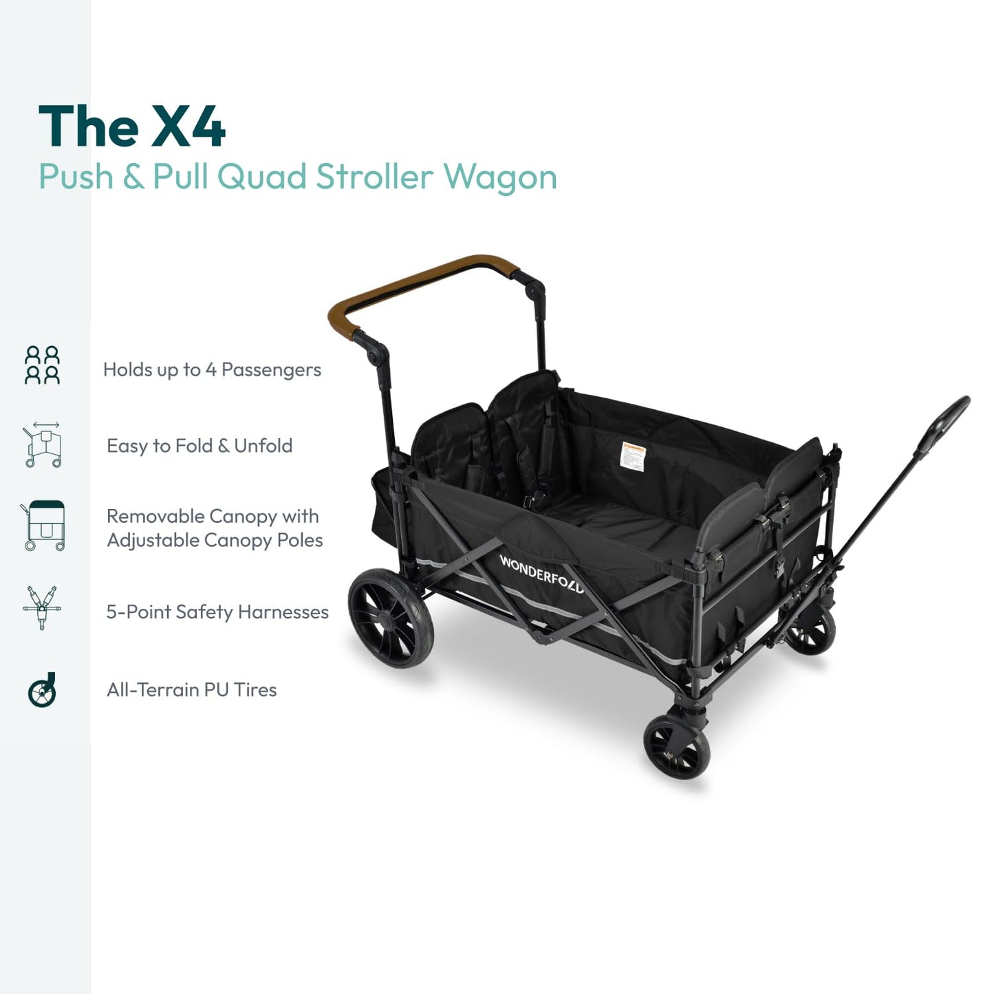 WONDERFOLD X4 Push & Pull Stroller Wagon (4 Seater) - Wagon Stroller with Seats with 5-Point Harnesses, Adjustable Push Handle, and Sun Canopy, Stealth Black