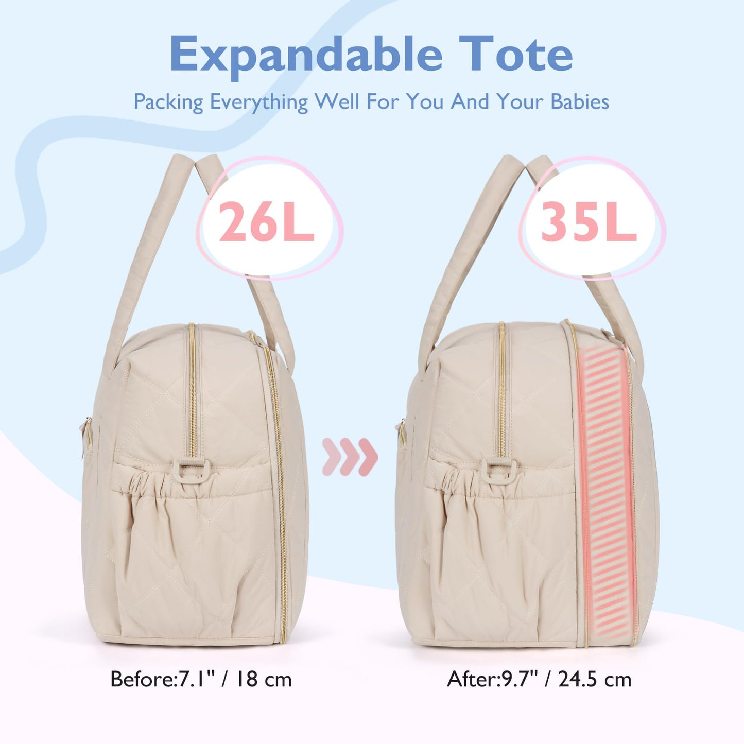 mommore Diaper Bag Tote Large Expandable Baby Travel Tote for 2 Kids Twins, Quilted Hospital Bag for Mom, Weekender