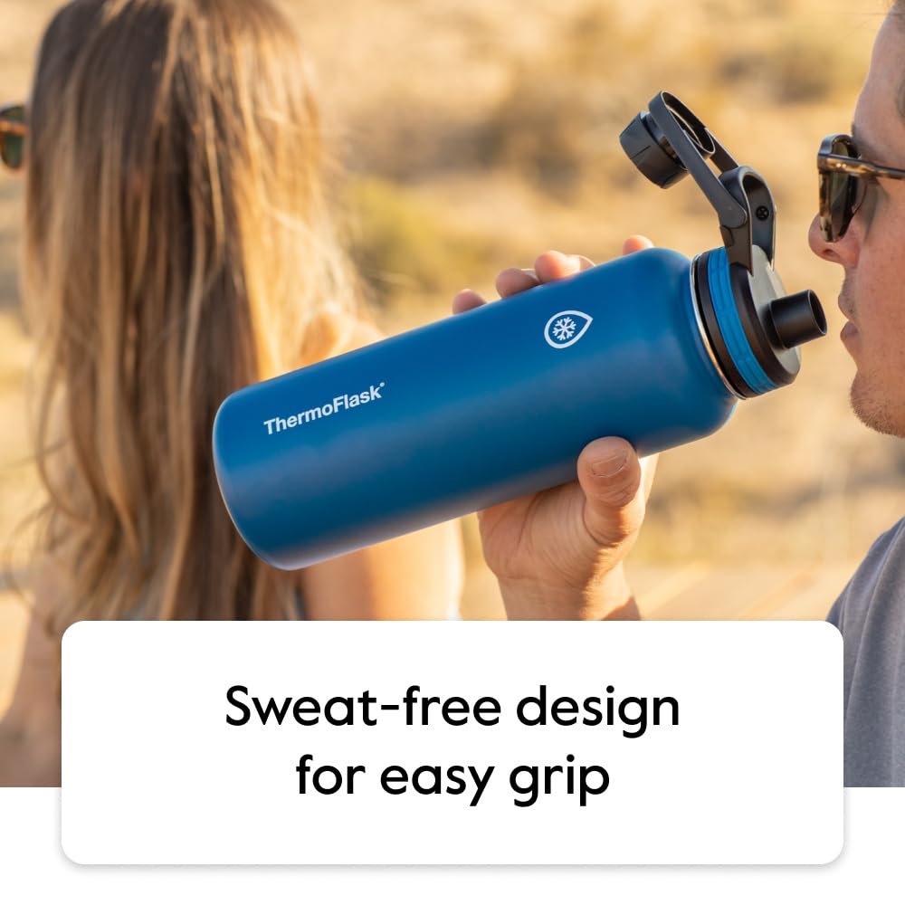 ThermoFlask Kids 14 oz Insulated Water Bottles with Straw Lid BPA-Free Stainless Steel Leakproof & Spill-Proof Design Easy Clean Wide Mouth 2-Pack for School, Sports, Playdates, Harbor Grey/Denim