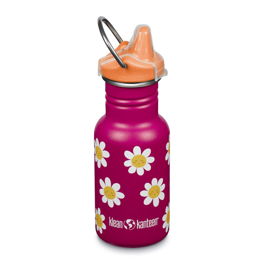 Klean Kanteen 12 oz Classic Kid's Sippy Bottle - For Little Hands - With Dust Cover & Attachable Loop - Durable, BPA-Free, Stainless Steel Material - Fits Interchangeable Caps - Happy Flowers