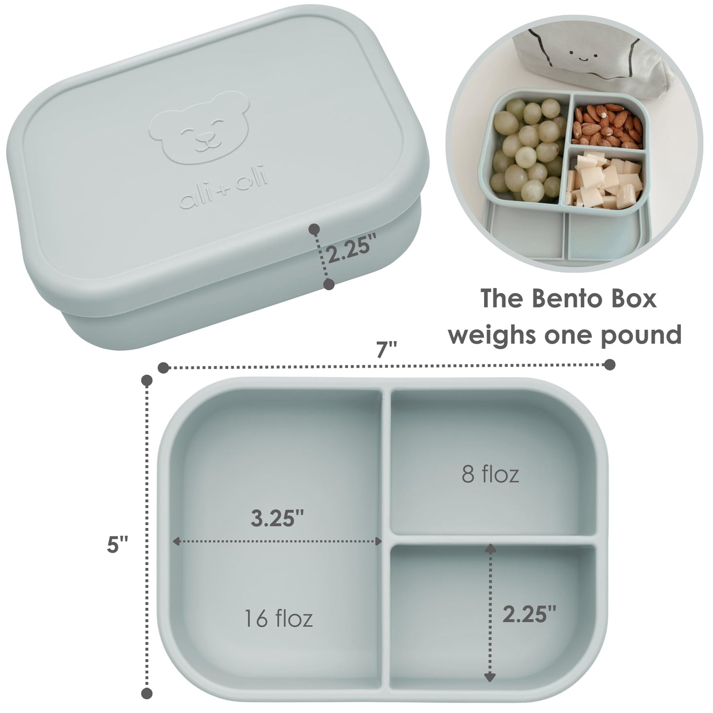 Ali+Oli Silicone Bento Box (Blue) Lunch Box for Kids, Toddlers, Preschoolers & Adults | BPA-Free and Spill-Proof | Ideal for School, and On-the-Go Meals| Perfect for Lunch, Snacks, and Meals