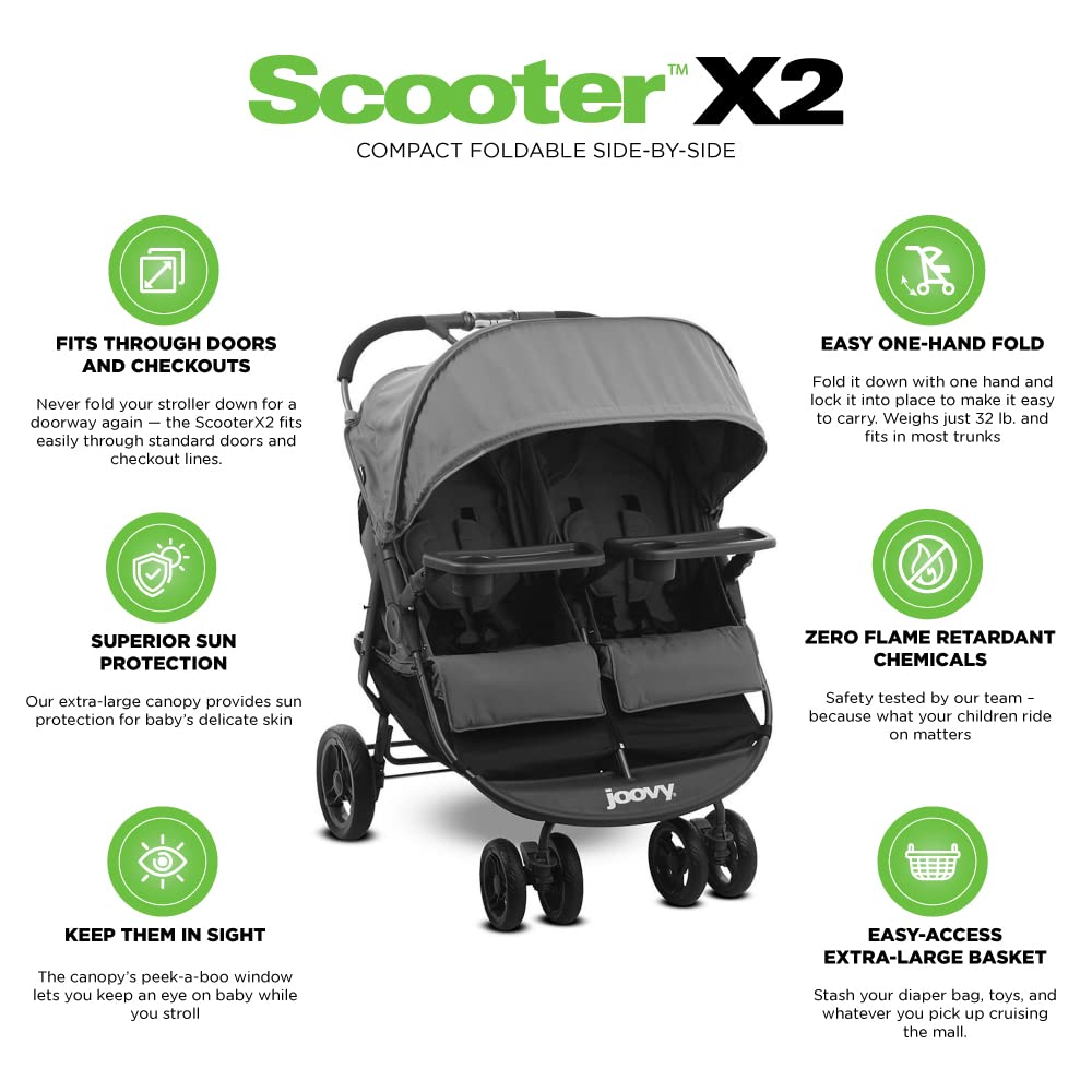 Joovy Scooter X2 Side-by-Side Double Stroller Featuring Dual Snack Trays, One-Handed Fold, Multi-Position Reclining Seats, Adjustable Leg Rests, and in-Seat Storage (Charcoal)